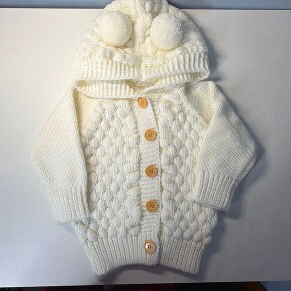 Baby Hooded Cardigan Sweater Pom Pom 6-12 mo Ivory Acrylic - Picture 2 of 6
